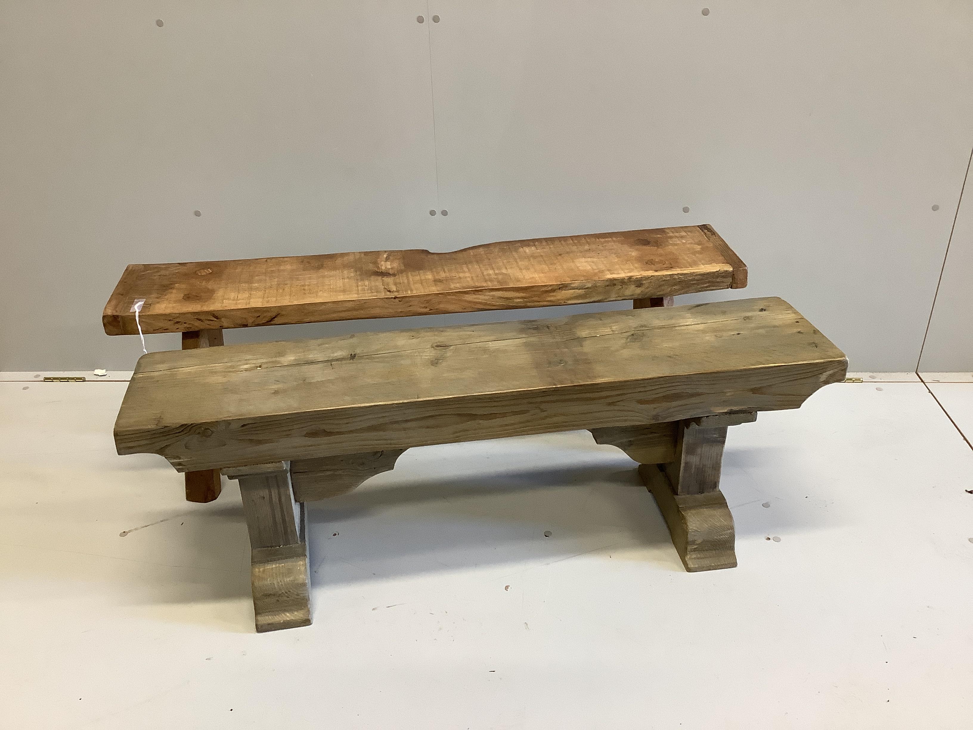 Two 18th century style fruitwood and pine bench seats, larger length 129cm, height 45cm